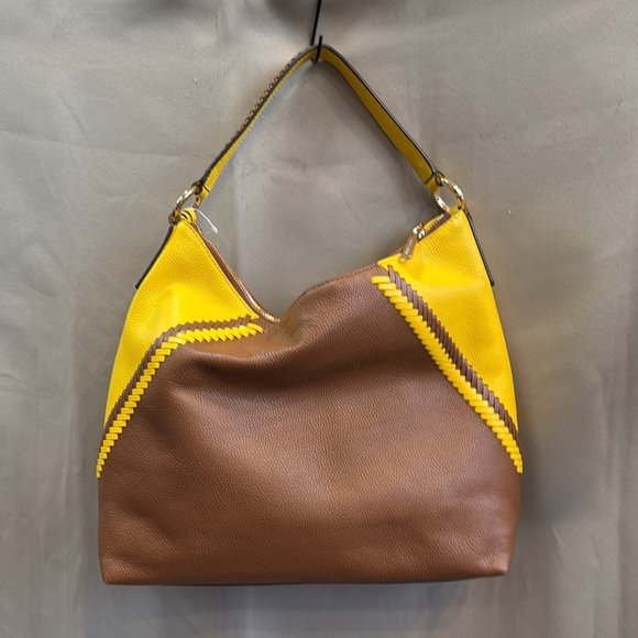 NWT Michael Kors Karson Pebbled Leather LG Shoulder Bag Luggage/citrus - Picture 4 of 5